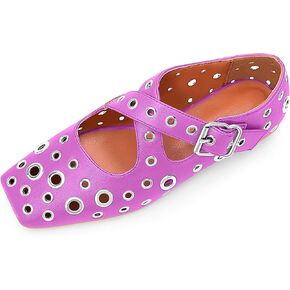 Women's Square Toe Ballet Flats Studded Grommet Cross Buckle Mary Jane Shoes