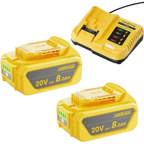 POWTREE 8000mAh 20V battery Replacement for DCB200 Max Battery DCB180 DCB181 DCB204 Compatible with 20V DCD/DCF/DCG/DCS Series Cordless Tools,2Packs with Charger