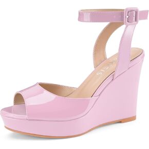 Women's Platform Wedge Sandals Round Peep Open Toe Ankle Strap Buckle Slingback High Heel Dress Shoes Patent Leather Heels