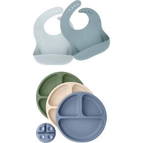 KeaBabies 2-Pack Baby Silicone Bibs and Suction Plates for Baby, Toddler - Waterproof, Easy Wipe Silicone Bib for Babies - 3-Pack 100% Silicone Divided Baby Plates with Suction, BPA Free Plates