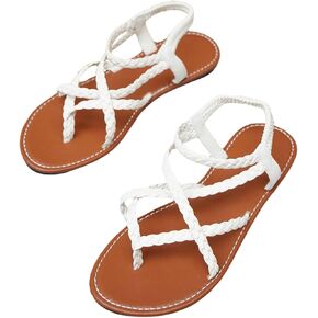 GORGLITTER Women's Leather Braided Ankle Strap Sandal Dressy Cute Thong Slippers Summer Vacation Flats Sandals 2025
