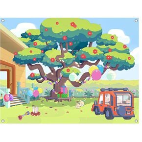 7x5FT Cartoon Dog Garden Tree Backdrop, Blue Sky Ballon Birthday Polyester Photography Background for Parties, Happy Birthday Photo Booth Prop Decorations
