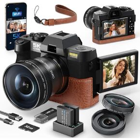5K Digital Compact Camera for Photography and Video,48MP Vlogging Camera for YouTube with 180° Flip Screen,16X Digital Zoom,52mm Wide Angle & Macro Lens, 2 Batteries, 32GB TF Card(Black)