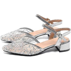 Women's Silver Flats Mesh Sandals Ankle Strap Low Chunky Heel Glitter Pointed Toe Casual Wedding Shoes Party