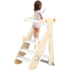 Kitchen Stool,Step Stool for Kids, Step Stool for Bathroom Sink Foldable Adjustable Height Kids Learning Stool Tower with Handles, Gray