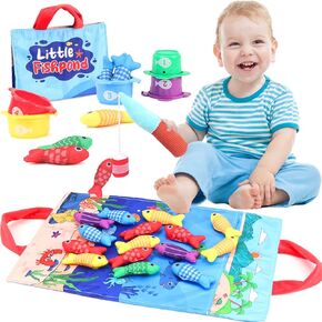 Montessori Toys for 1 Year Old,21 pcs Cloth Fishing Game with Stacking Cups- Number Counting, Color Sorting, Baby Gifts for 12 Months Boy Girl Birthday