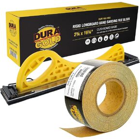 Dura-Gold Pro Series Longboard Hand Sanding File Sander Block - Hook & Loop Backing and PSA Backing Adapter Pad & 80 Grit PSA Longboard Sandpaper 12 Yard Roll, 2-3/4" Wide