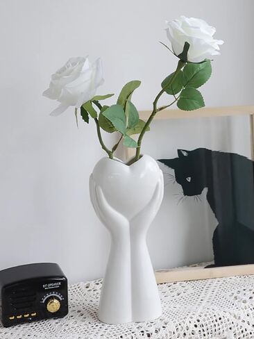 مزهرية يد إبداعية على شكل قلب، مزهرية سيراميك بيضاء مقاس 9 بوصات، مزهرية فنية حديثة للجسم، مزهرية زهرة لديكور المنزل في الزفاف، لهجات ديكور الرف، ديكور طاولة المزرعة (قلب أبيض) in Kuwait