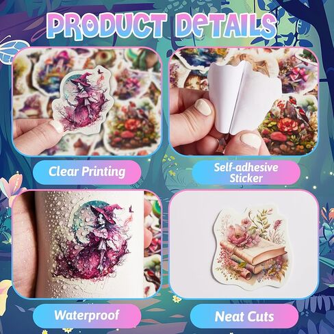 51 Pcs Cartoon Magic Witch Theme Water Bottle Stickers for Kids Adults, Glow in The Dark Green Creative Aesthetics Vinyl Waterproof Laptop Decals, Scrapbook Phone Case Skateboard Diary Party Decor in Kuwait