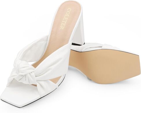 COLETER Women's Chunky Heeled Mules Bow Knot Square Toe Sandals Summer Evening Party Shoes in Saudi Arabia