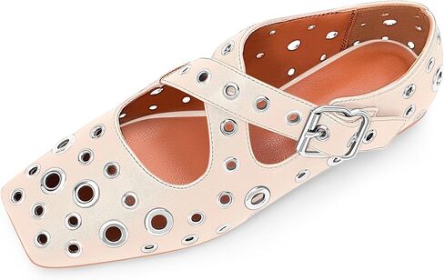 Women's Square Toe Ballet Flats Studded Grommet Cross Buckle Mary Jane Shoes in Saudi Arabia