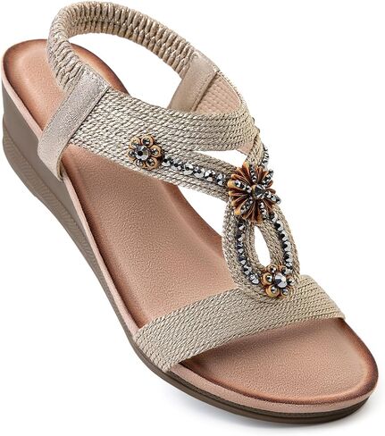 Wedge Sandals for Women Dressy, Woman's Sandal Comfortable Low Wedges Heels Ankle Elastic Strap Sandles with Flower Rhinestones in Saudi Arabia