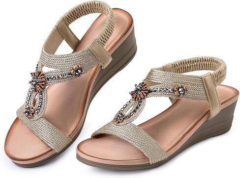 Wedge Sandals for Women Dressy, Woman's Sandal Comfortable Low Wedges Heels Ankle Elastic Strap Sandles with Flower Rhinestones in Saudi Arabia
