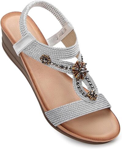 Wedge Sandals for Women Dressy, Woman's Sandal Comfortable Low Wedges Heels Ankle Elastic Strap Sandles with Flower Rhinestones in Saudi Arabia
