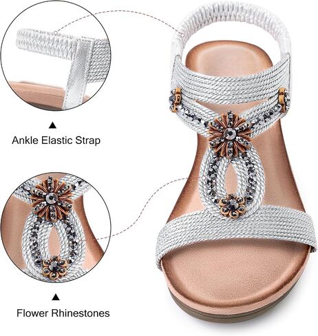 Wedge Sandals for Women Dressy, Woman's Sandal Comfortable Low Wedges Heels Ankle Elastic Strap Sandles with Flower Rhinestones in Saudi Arabia