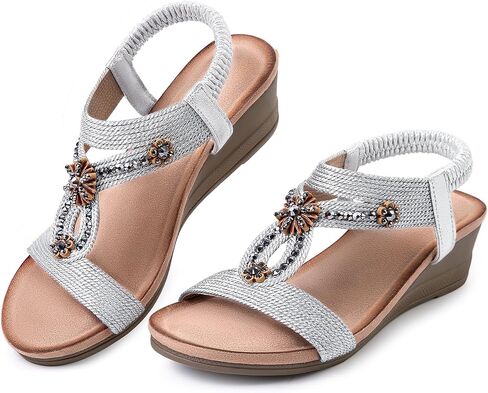 Wedge Sandals for Women Dressy, Woman's Sandal Comfortable Low Wedges Heels Ankle Elastic Strap Sandles with Flower Rhinestones in Saudi Arabia