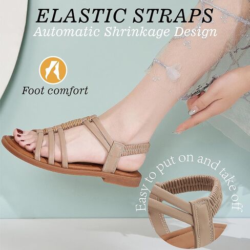 Womens Sandals Flats Shoes - Comfortable Summer Dressy Casual Ankle Elastic Slip on Walking Beach Sandal in Kuwait