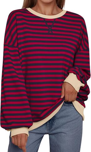 العصرية الملكة المتضخم البلوز للنساء 2024 الخريف Crewneck مخطط كم طويل قمصان هوديس Preppy أعلى Y2K وتتسابق SEBrownWhite S in Kuwait