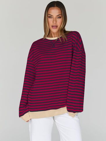 العصرية الملكة المتضخم البلوز للنساء 2024 الخريف Crewneck مخطط كم طويل قمصان هوديس Preppy أعلى Y2K وتتسابق SEBrownWhite S in Kuwait