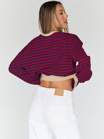 العصرية الملكة المتضخم البلوز للنساء 2024 الخريف Crewneck مخطط كم طويل قمصان هوديس Preppy أعلى Y2K وتتسابق SEBrownWhite S in Kuwait