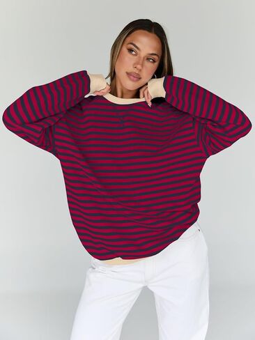 العصرية الملكة المتضخم البلوز للنساء 2024 الخريف Crewneck مخطط كم طويل قمصان هوديس Preppy أعلى Y2K وتتسابق SEBrownWhite S in Kuwait