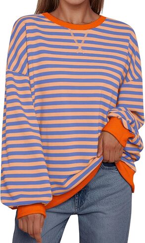 Trendy Queen Oversized Sweatshirt for Women 2024 Fall Crewneck Striped Long Sleeve Shirts Hoodies Preppy Top Y2K Outfits SEBrownWhite S in Kuwait