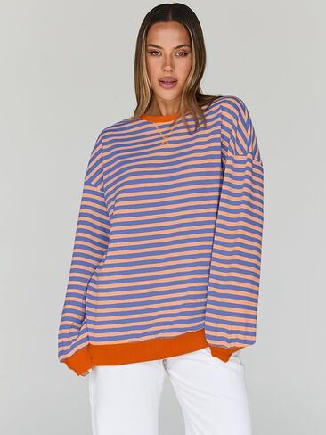 Trendy Queen Oversized Sweatshirt for Women 2024 Fall Crewneck Striped Long Sleeve Shirts Hoodies Preppy Top Y2K Outfits SEBrownWhite S in Kuwait