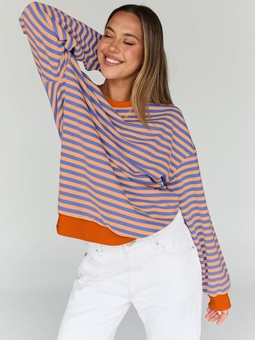 Trendy Queen Oversized Sweatshirt for Women 2024 Fall Crewneck Striped Long Sleeve Shirts Hoodies Preppy Top Y2K Outfits SEBrownWhite S in Kuwait