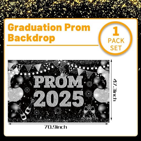 Large 71" X 43" Prom Decorations 2025 Backdrop Banner, Black and Silver Prom Backdrop for Photoshoot 2025 Send Off Decorations for High School College Graduation Party Decor in Saudi Arabia
