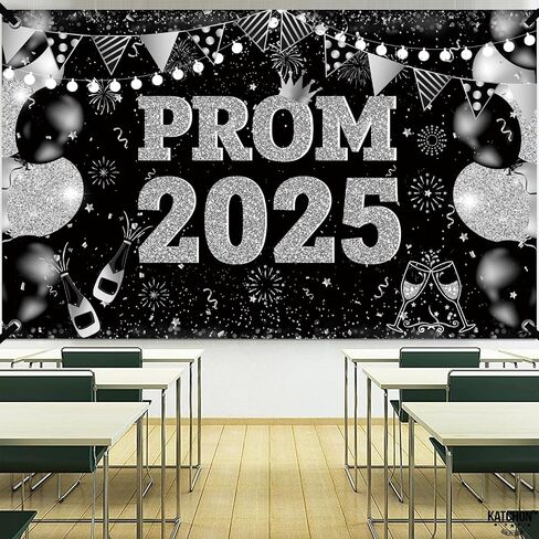 Large 71" X 43" Prom Decorations 2025 Backdrop Banner, Black and Silver Prom Backdrop for Photoshoot 2025 Send Off Decorations for High School College Graduation Party Decor in Saudi Arabia