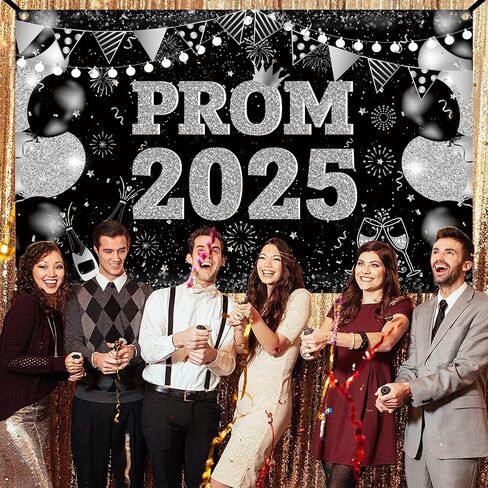 Large 71" X 43" Prom Decorations 2025 Backdrop Banner, Black and Silver Prom Backdrop for Photoshoot 2025 Send Off Decorations for High School College Graduation Party Decor in Saudi Arabia