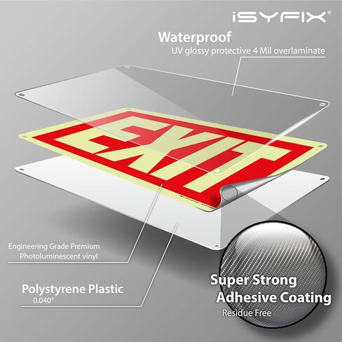 ملصقات iSYFIX Exit Glow in the Dark Sign باللون الأحمر - عبوتان مقاس 10x7 بوصة - فينيل فوتولومينيسسينت، مغلف للأشعة فوق البنفسجية، ومقاومة الطقس والبهتان، داخلي وخارجي للأعمال والمدرسة والمكتب والمستودع in Saudi Arabia