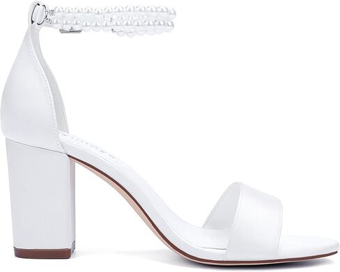 Hyinlays Pearl Wedding Shoes for Bride Satin Block Heels Open Toe Chunky Bridal Shoes Sandals in Saudi Arabia