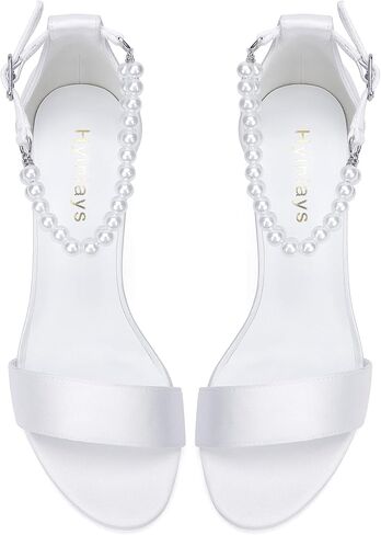 Hyinlays Pearl Wedding Shoes for Bride Satin Block Heels Open Toe Chunky Bridal Shoes Sandals in Saudi Arabia
