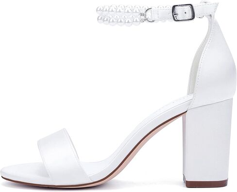 Hyinlays Pearl Wedding Shoes for Bride Satin Block Heels Open Toe Chunky Bridal Shoes Sandals in Saudi Arabia