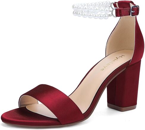 Hyinlays Pearl Wedding Shoes for Bride Satin Block Heels Open Toe Chunky Bridal Shoes Sandals in Saudi Arabia