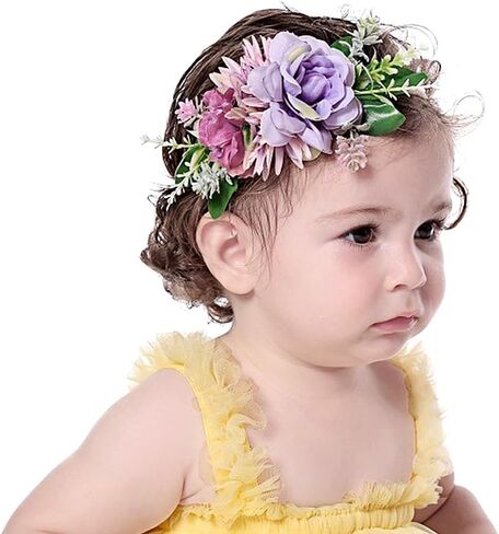 Baby Girls Flower Nylon Headbands Newborn Rose Floral Stretchy Hair Band Party Photo Props Hair Acceaaory for Toddler Infant (Purple, Stretchy) in Kuwait