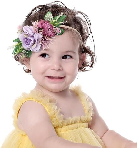 Baby Girls Flower Nylon Headbands Newborn Rose Floral Stretchy Hair Band Party Photo Props Hair Acceaaory for Toddler Infant (Purple, Stretchy) in Kuwait