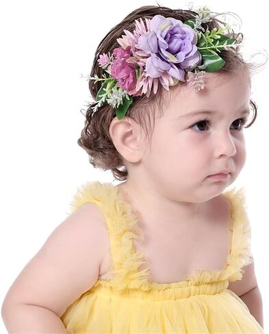 Baby Girls Flower Nylon Headbands Newborn Rose Floral Stretchy Hair Band Party Photo Props Hair Acceaaory for Toddler Infant (Purple, Stretchy) in Kuwait