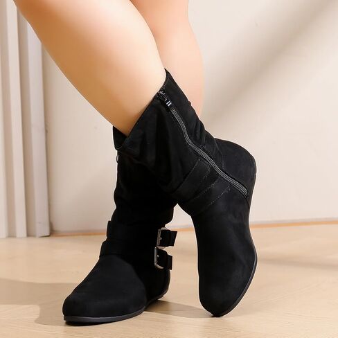 Luoika Women's Wide Width Ankle Boots - Black Brown Short Boots Block Low Heel Side Zipper Booties. in Saudi Arabia