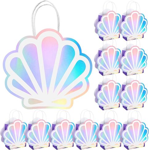 Locmeo 12 Pack Holographic Sea Shell Gift Bags DIY Mermaid Party Favor Bags with Iridescent Sea Shell Paper Cards for Mermaid Themed Party Supplies Ocean Under the Sea Party Favors in Kuwait