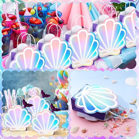 Locmeo 12 Pack Holographic Sea Shell Gift Bags DIY Mermaid Party Favor Bags with Iridescent Sea Shell Paper Cards for Mermaid Themed Party Supplies Ocean Under the Sea Party Favors in Kuwait