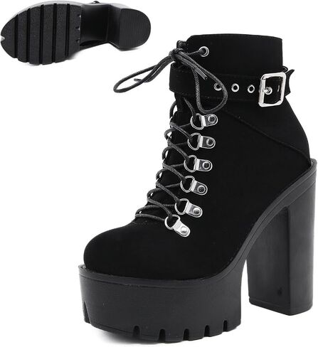 Women's Chunky Heel Platform Goth Dress Ankle Boots Classic Round Toe Lace Up Side Zipper High Block Heel Combat Bootie in Saudi Arabia