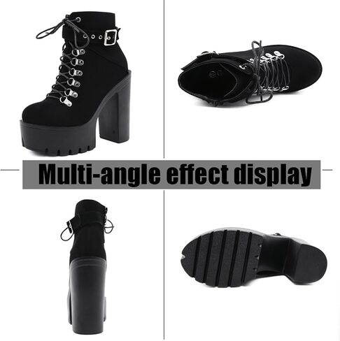 Women's Chunky Heel Platform Goth Dress Ankle Boots Classic Round Toe Lace Up Side Zipper High Block Heel Combat Bootie in Saudi Arabia