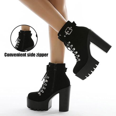 Women's Chunky Heel Platform Goth Dress Ankle Boots Classic Round Toe Lace Up Side Zipper High Block Heel Combat Bootie in Saudi Arabia