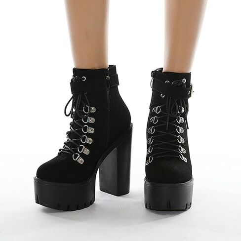 Women's Chunky Heel Platform Goth Dress Ankle Boots Classic Round Toe Lace Up Side Zipper High Block Heel Combat Bootie in Saudi Arabia