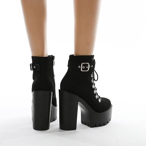 Women's Chunky Heel Platform Goth Dress Ankle Boots Classic Round Toe Lace Up Side Zipper High Block Heel Combat Bootie in Saudi Arabia