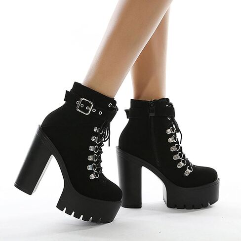 Women's Chunky Heel Platform Goth Dress Ankle Boots Classic Round Toe Lace Up Side Zipper High Block Heel Combat Bootie in Saudi Arabia