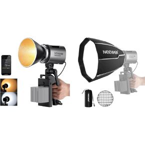 NEEWER MS60B LED Video Light 2.4G/APP Control, 65W Metal Mini Compact COB Continuous Output Lighting Spotlight 2700K-6500K, 40000lux@1m, Bowens Mount, Silver, NS3P Octagonal Softbox Included