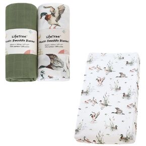 LifeTree Muslin Swaddle Blankets Neutral, 47 * 47 inches and Muslin Changing Pad Cover 16 * 32 inches, 70% Viscose from Bamboo and 30% Cotton, Mallard Duck and Olive Green